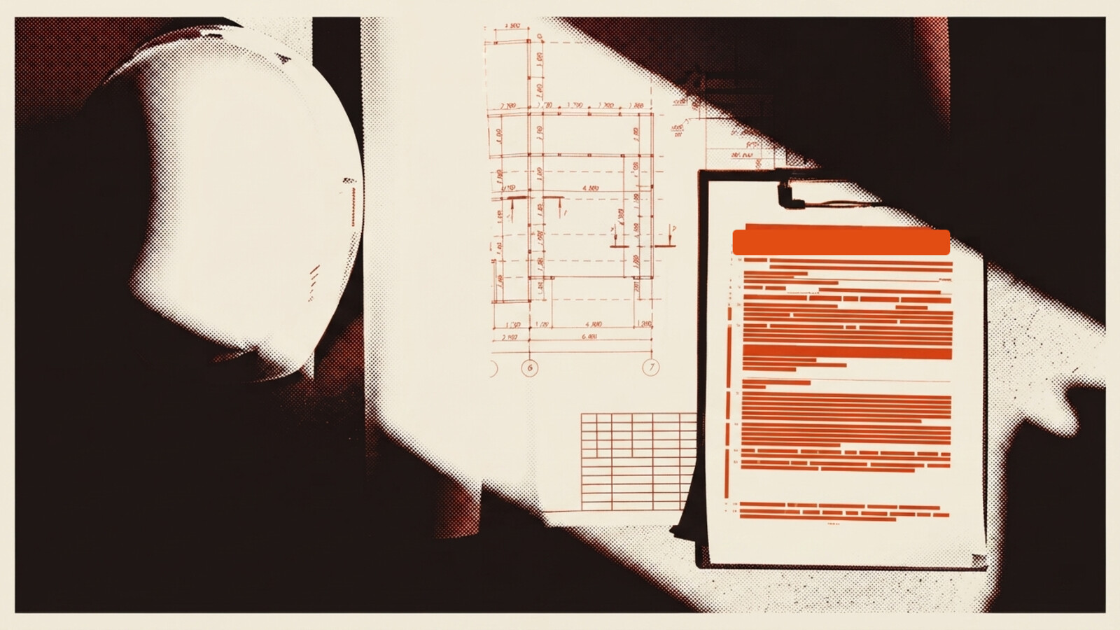 A two-colour risograph poster of a hard hat beside a floor plan and a report on a clipboard, the report text shown as bold redaction bars