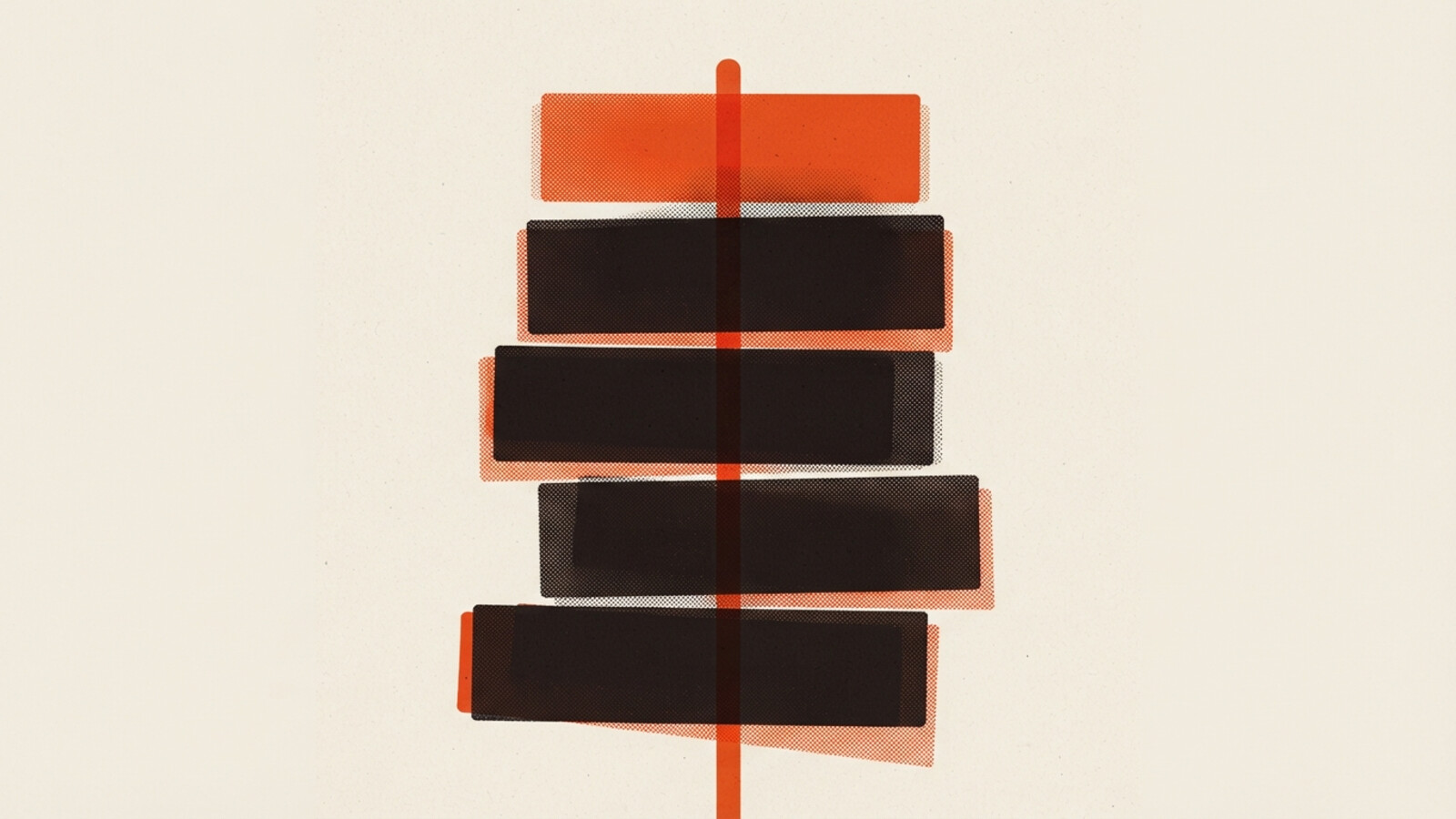 A two-colour risograph poster of a vertical stack of layered rectangular message plates threaded onto one connecting spine, the top plate and the spine picked out in orange