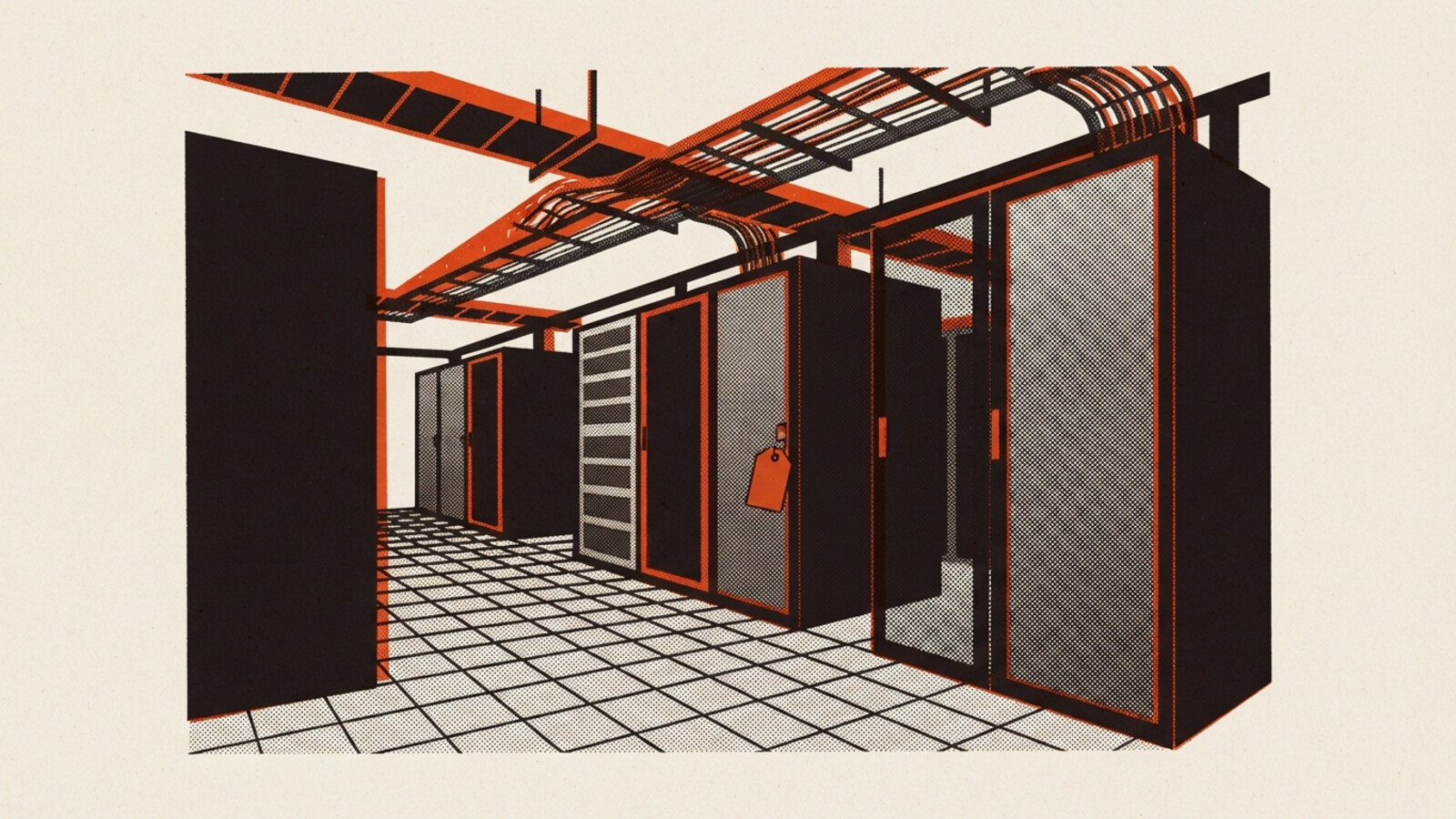 A two-colour risograph poster of rows of server racks in perspective with one orange tag hanging from a rack door handle
