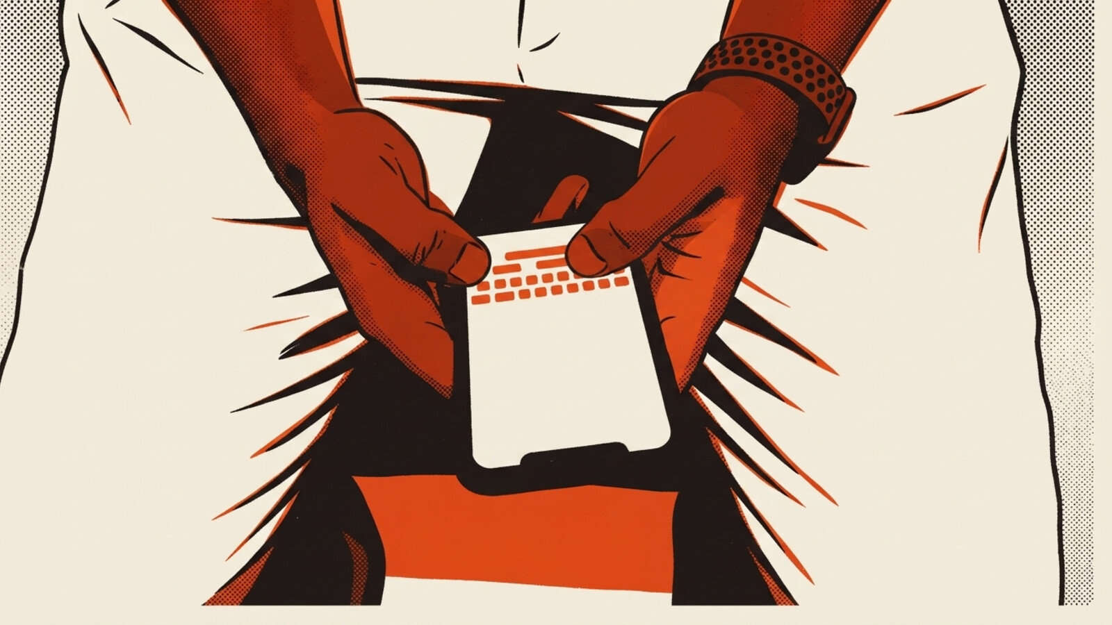 A two-colour risograph poster of a gloved hand holding a phone crowded with site photos and chat messages