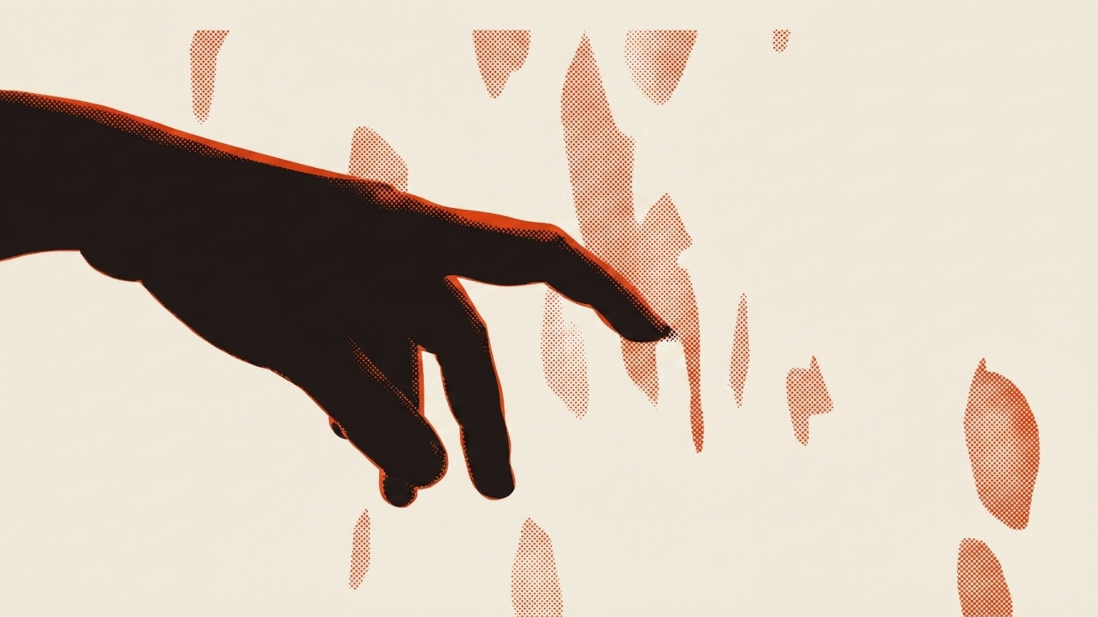 A two-colour risograph poster of a hand pointing at a hairline crack running across a wall