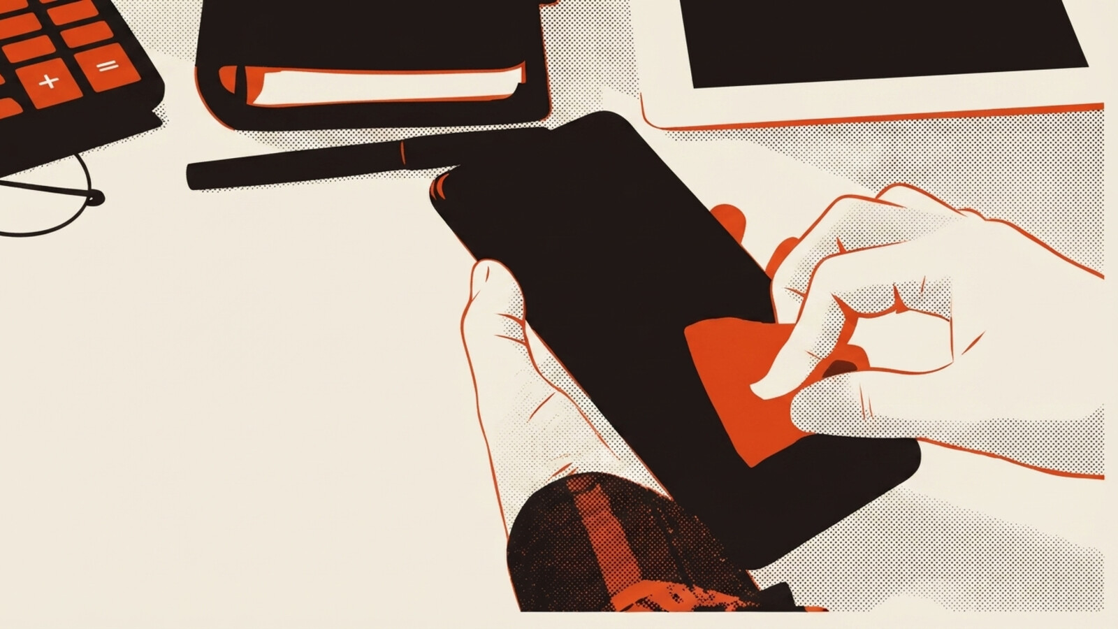 A two-colour risograph poster of a hand logging a maintenance issue on a phone below a stained ceiling tile