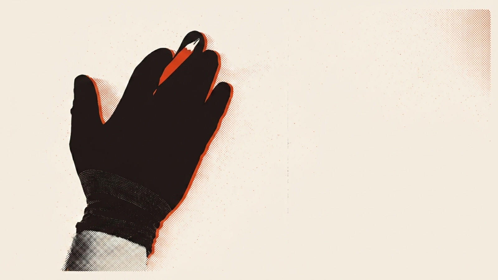A two-colour risograph poster of a gloved hand marking a defect on a wall in a bare commercial fit-out