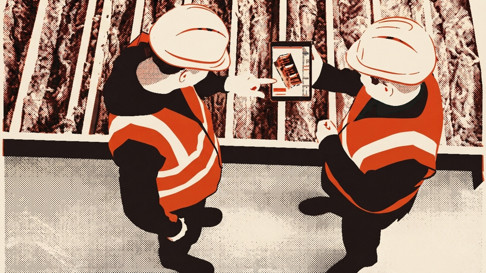 A two-colour risograph poster of two hi-vis workers seen from above, looking at a tablet together on site
