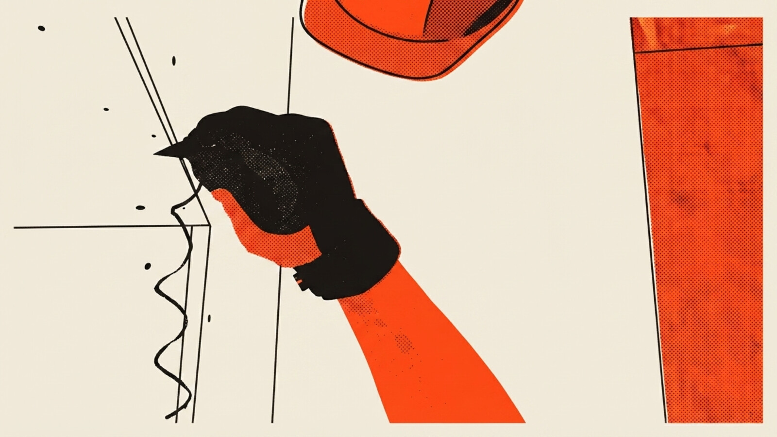 A two-colour risograph poster of a gloved hand examining a crack on a wall