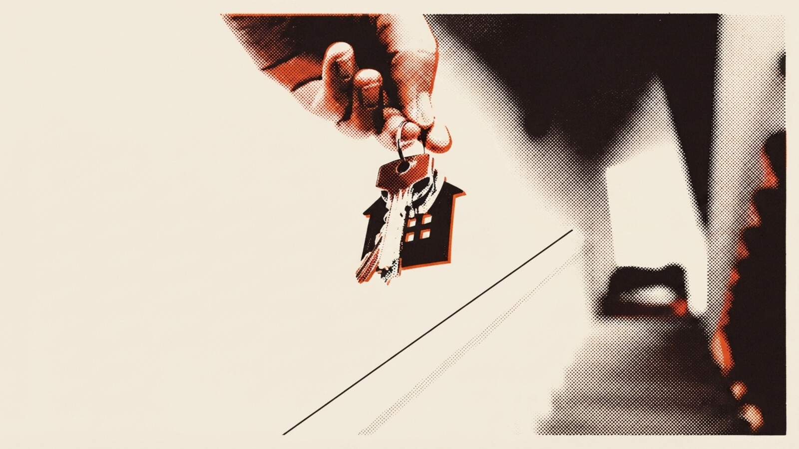 A two-colour risograph poster of a hand holding out house keys with a house-shaped keyring at handover