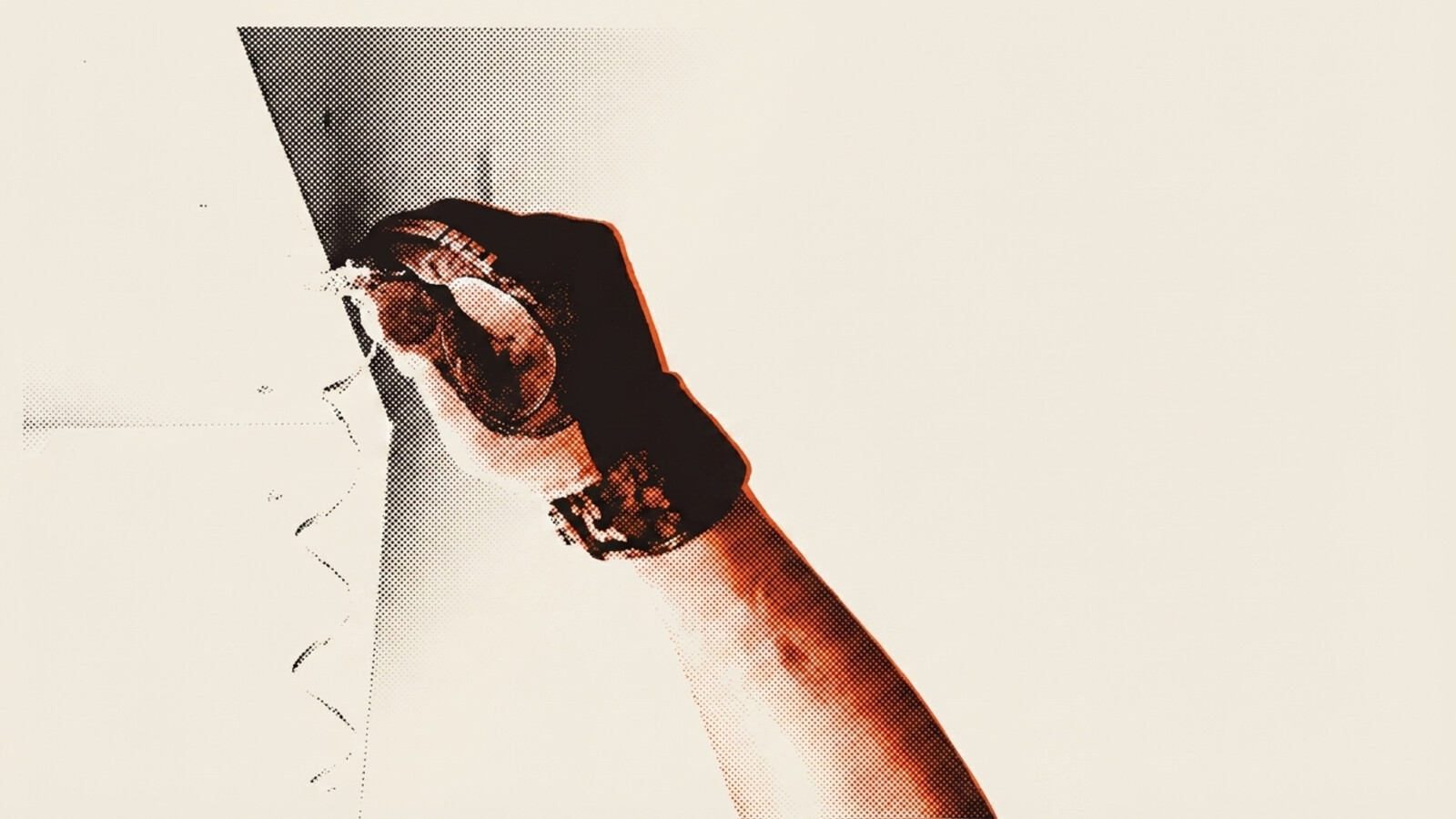 A two-colour risograph poster of a gloved hand working a filling knife along a wall edge, making good a defect
