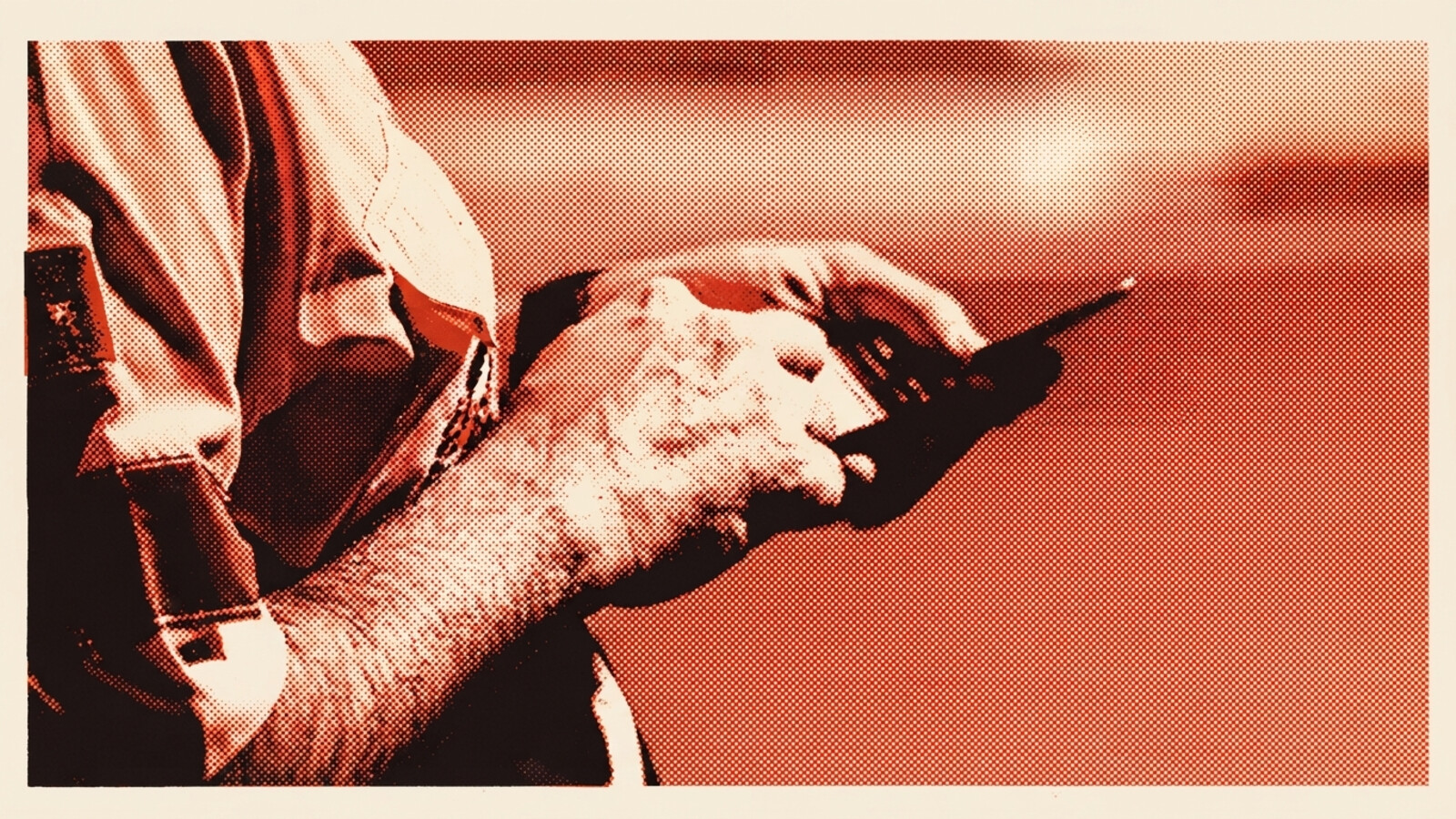 A two-colour risograph poster of a hi-vis worker's hands using a smartphone on site