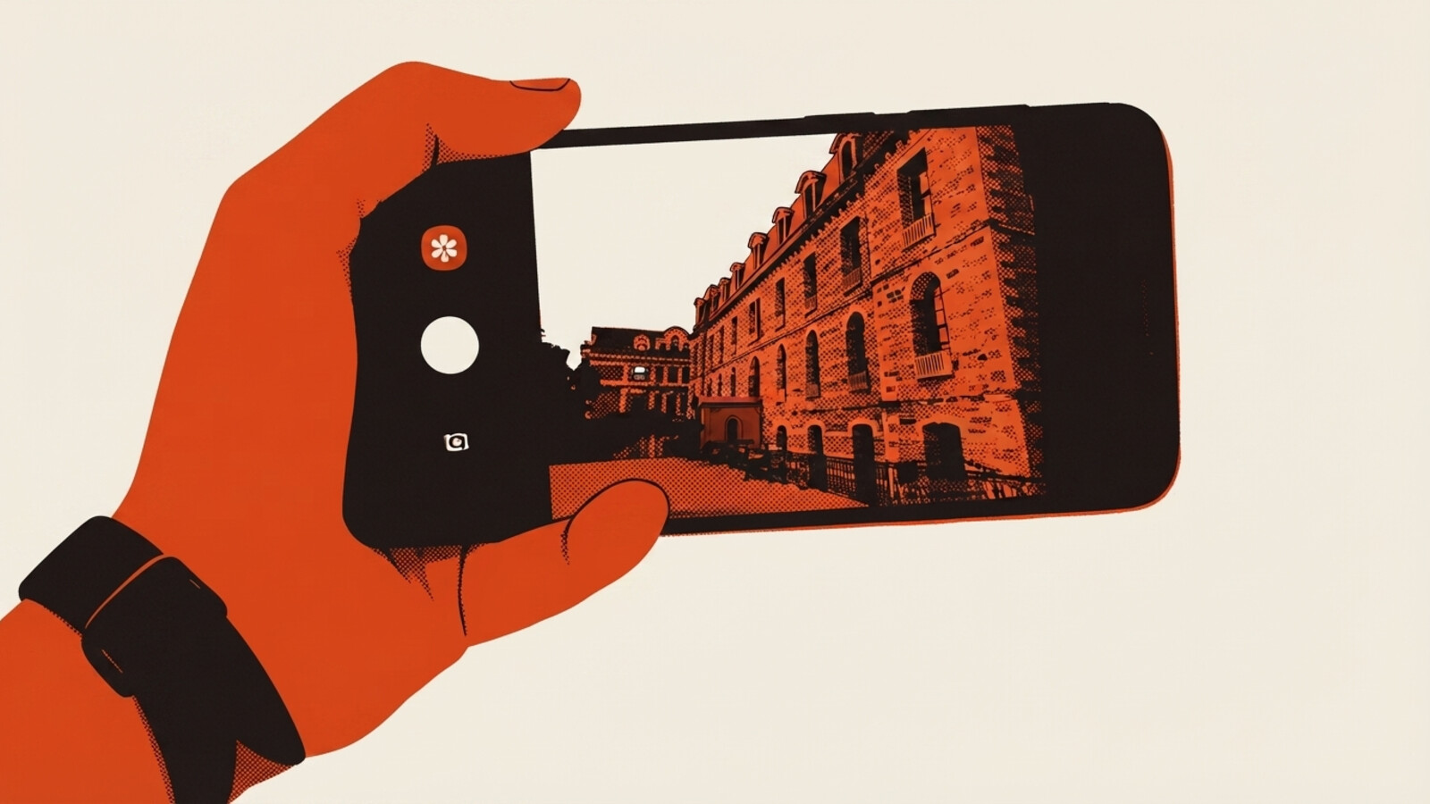 A two-colour risograph poster of a hand holding a phone that is photographing a building, the camera app on screen